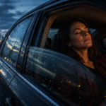 A weary woman rests with her eyes closed in a parked car on a rainy evening.