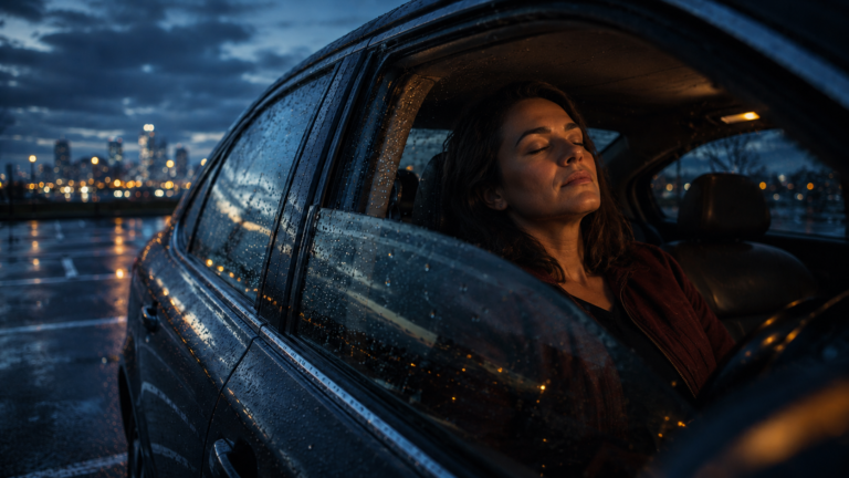 A weary woman rests with her eyes closed in a parked car on a rainy evening.