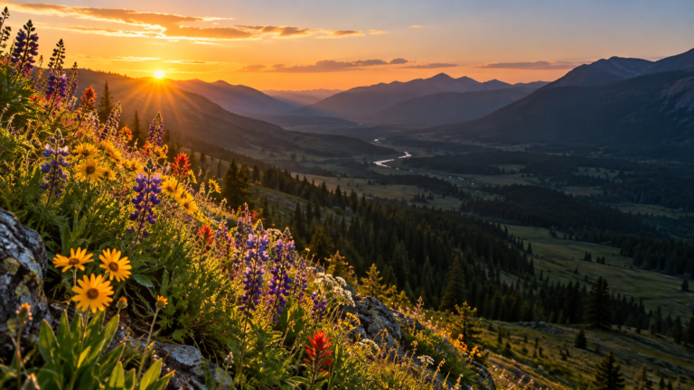 Wildflowers in a valley at sunrise, with golden light along the horizon.