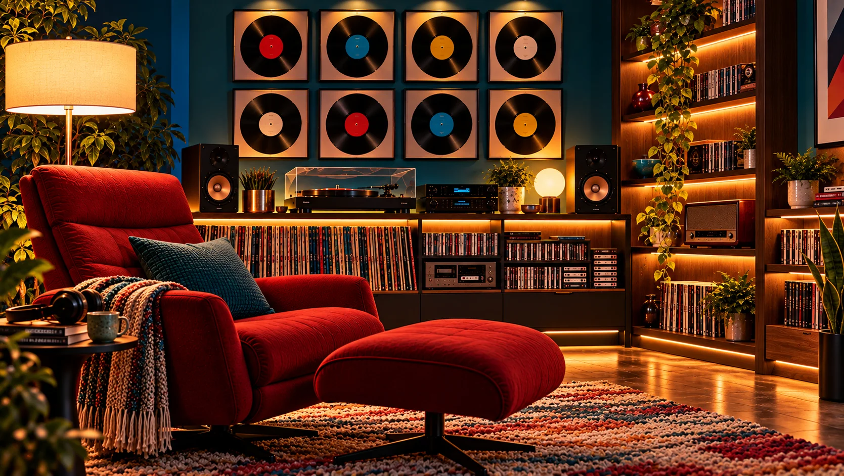 A warmly lit listening room with a red armchair, turntable, framed vinyl records, speakers, and shelves of music.