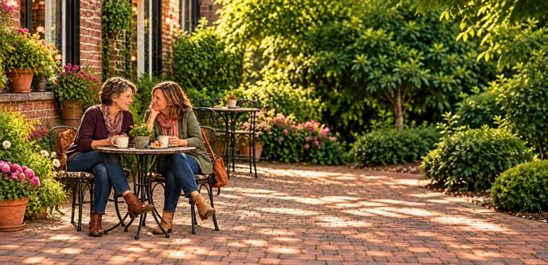 Two friends talking over coffee at a leafy outdoor café table.