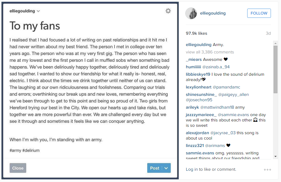 Screenshot of Ellie Goulding’s Instagram note explaining that Army celebrates her longtime best friend.